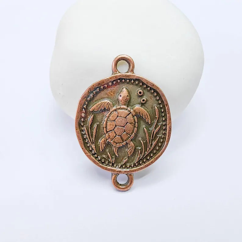 Sea Turtle Charm Connector, Round Ocean Animal Design, Antique Copper Plated, 34x24mm, G37758