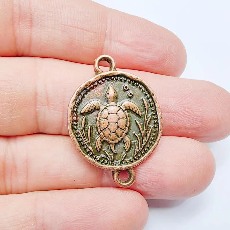 Sea Turtle Charm Connector, Round Ocean Animal Design, Antique Copper Plated, 34x24mm, G37758