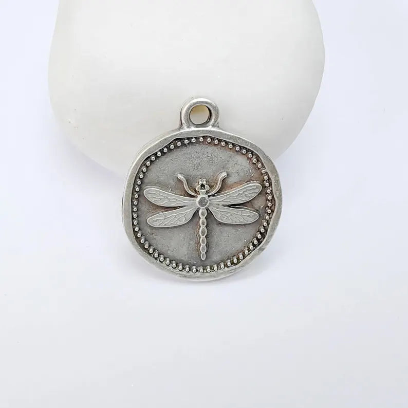 Dragonfly Charm Pendant, Round Botanical Coin Design, Antique Silver Plated, 29x24mm G37759