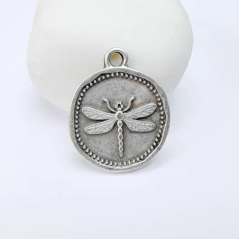 Dragonfly Charm Pendant, Round Botanical Coin Design, Antique Silver Plated, 29x24mm G37759