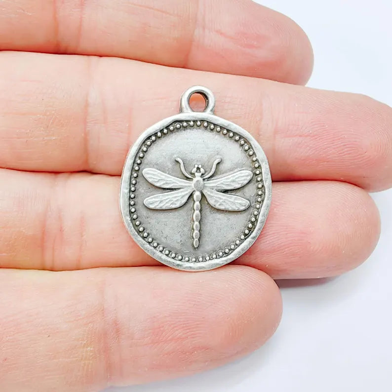 Dragonfly Charm Pendant, Round Botanical Coin Design, Antique Silver Plated, 29x24mm G37759