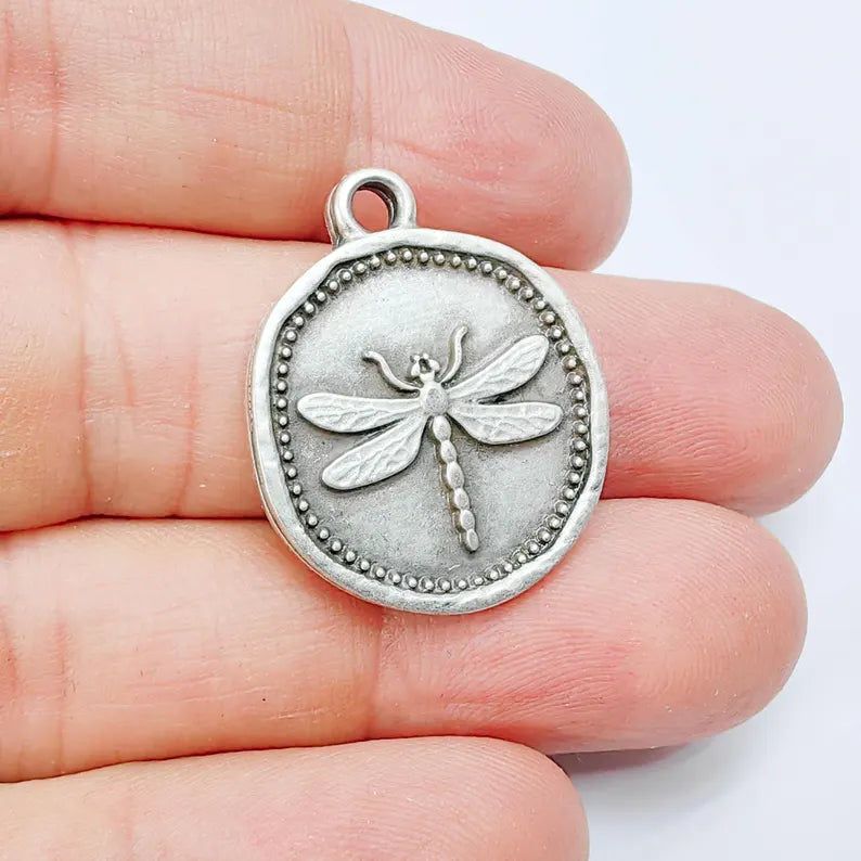 Dragonfly Charm Pendant, Round Botanical Coin Design, Antique Silver Plated, 29x24mm G37759