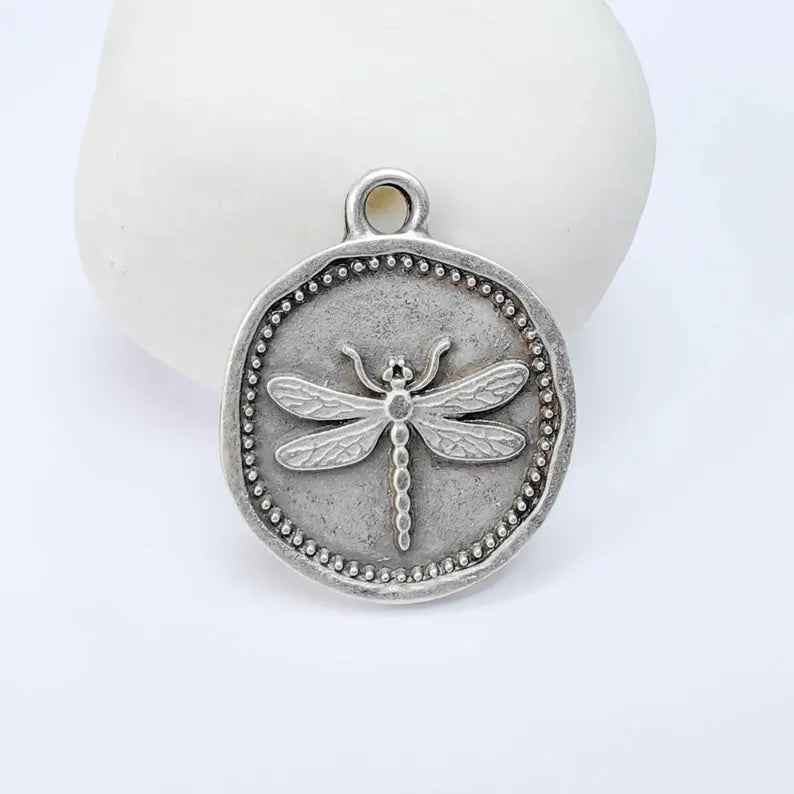 Dragonfly Charm Pendant, Round Botanical Coin Design, Antique Silver Plated, 29x24mm G37759