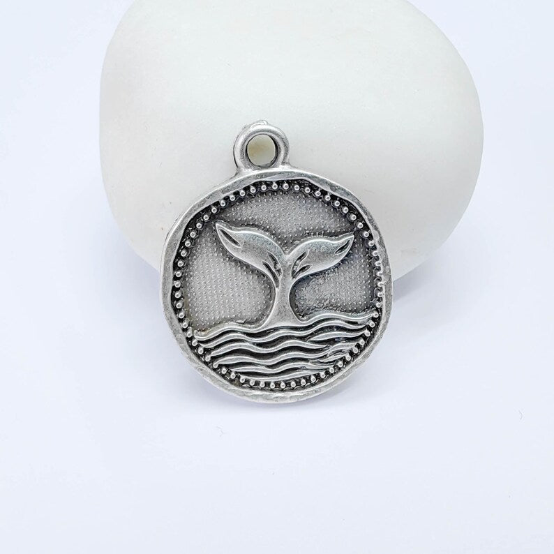Whale Tail Charm Pendant, Ocean Symbol Coin Design, Antique Silver Plated, 29x24mm, G37763