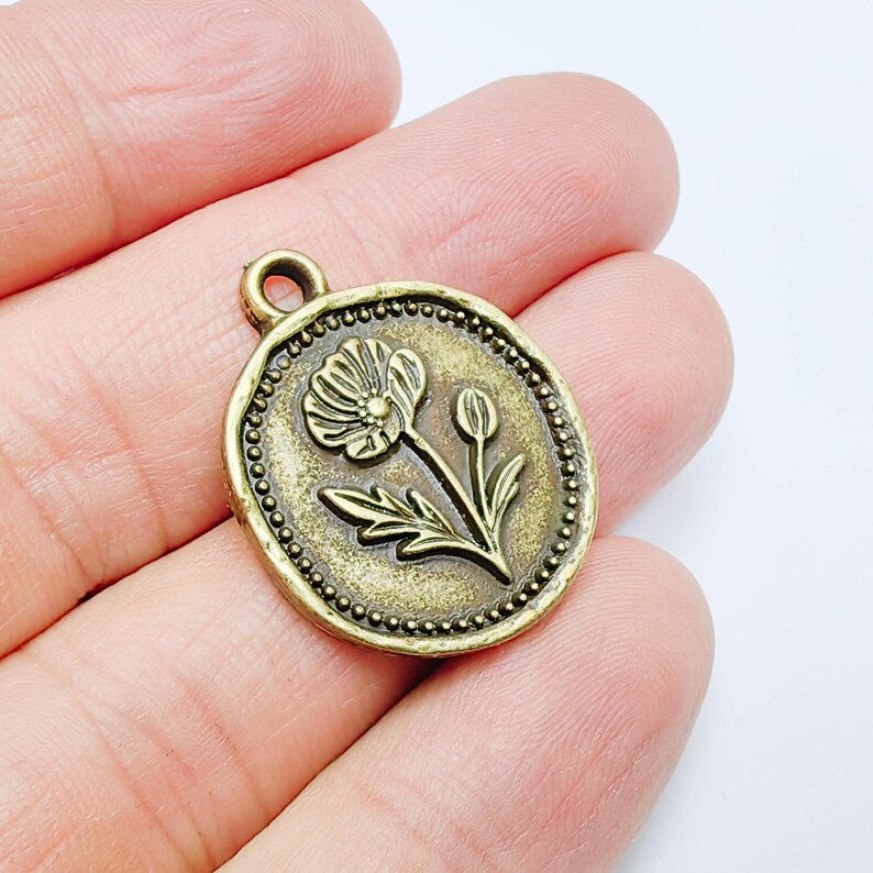 Poppy Charm Wildflower Pendant, Botanical Coin Design, Antique Bronze Plated, 29x24mm, G37764
