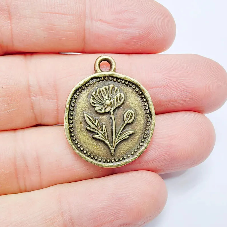 Poppy Charm Wildflower Pendant, Botanical Coin Design, Antique Bronze Plated, 29x24mm, G37764