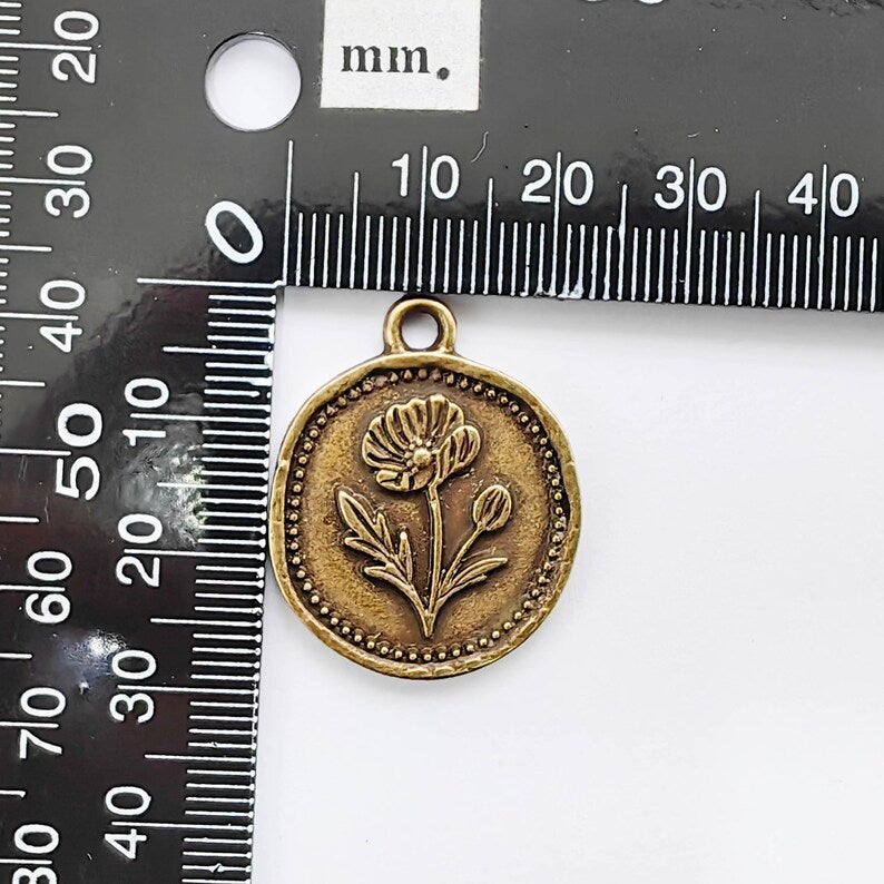 Poppy Charm Wildflower Pendant, Botanical Coin Design, Antique Bronze Plated, 29x24mm, G37764