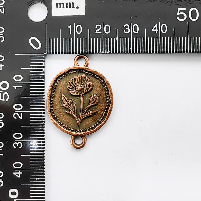 Poppy Flower Charm Connector, Botanical Floral Symbol, Round Coin, Antique Copper Plated 37x24mm, G37766