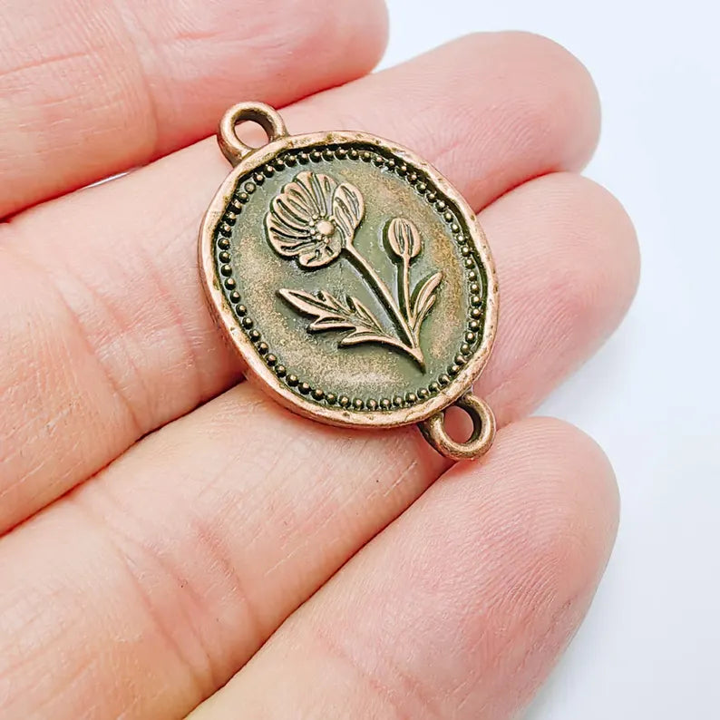 Poppy Flower Charm Connector, Botanical Floral Symbol, Round Coin, Antique Copper Plated 37x24mm, G37766