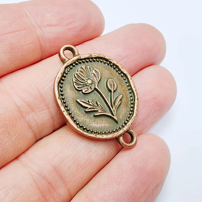 Poppy Flower Charm Connector, Botanical Floral Symbol, Round Coin, Antique Copper Plated 37x24mm, G37766