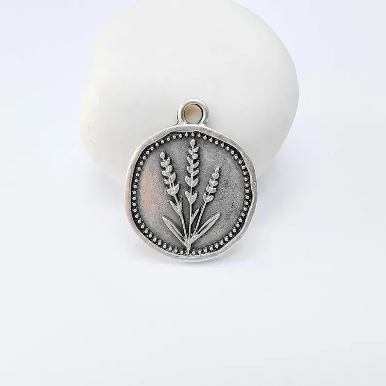 Lavender Flower Charm Pendant, Botanical Floral Design, Antique Silver Plated, Round Shape, 28x24mm, G37767