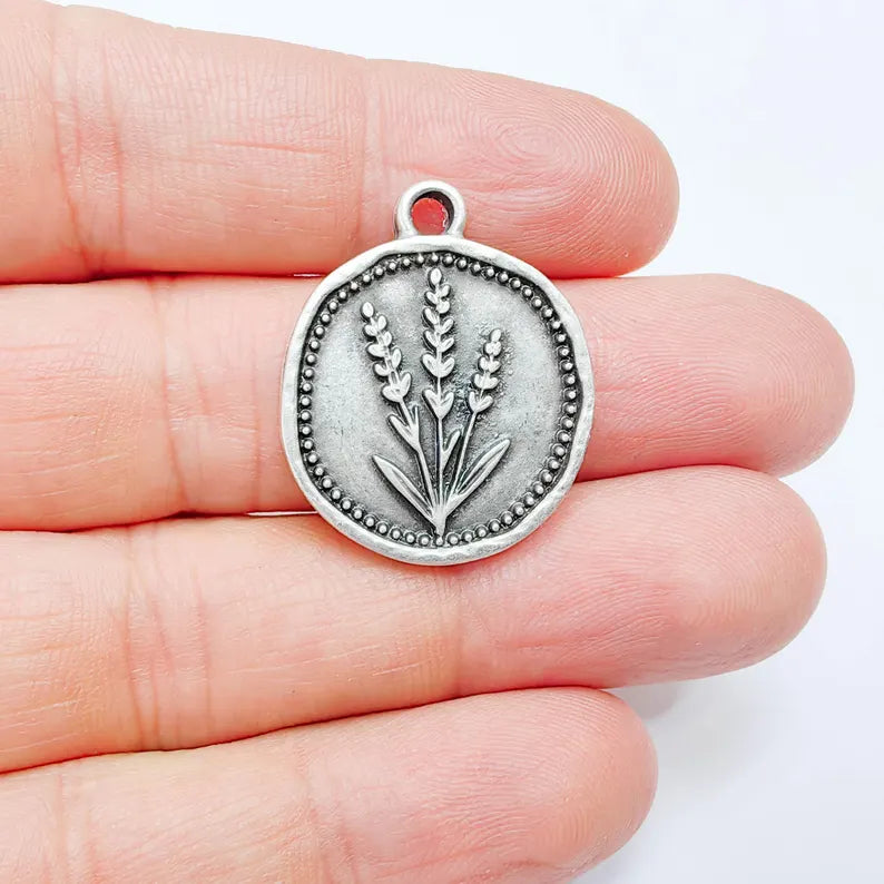 Lavender Flower Charm Pendant, Botanical Floral Design, Antique Silver Plated, Round Shape, 28x24mm, G37767