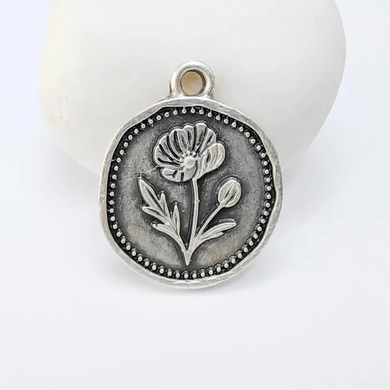 Poppy Flower Charm Pendant, Botanical Floral Design, Antique Silver Plated, Round Shape, 28x24mm, G37769