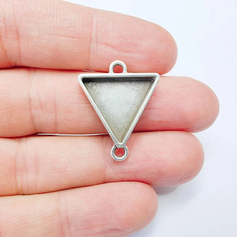 Triangle Bezel Connector Pendant, Geometric Triangle Design, Antique Silver Plated, 20mm, G37775