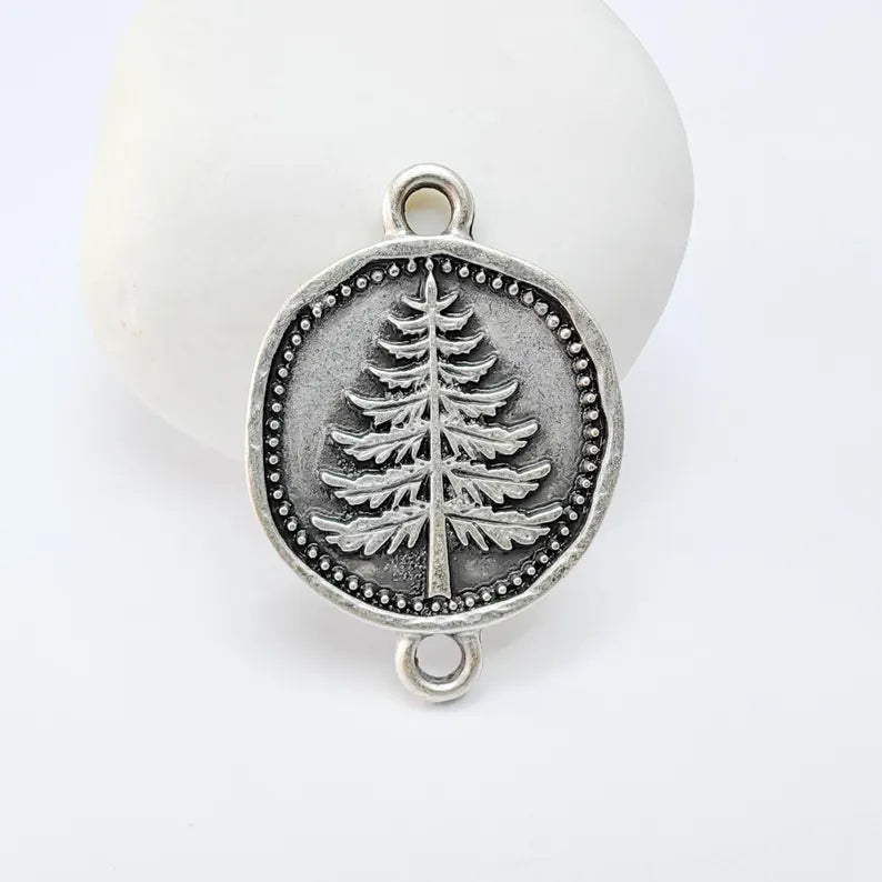 Pine Tree Charm Connector, Botanical Nature Symbol Design, Antique Silver Plated 34x24mm, G37779