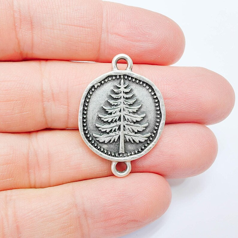 Pine Tree Charm Connector, Botanical Nature Symbol Design, Antique Silver Plated 34x24mm, G37779