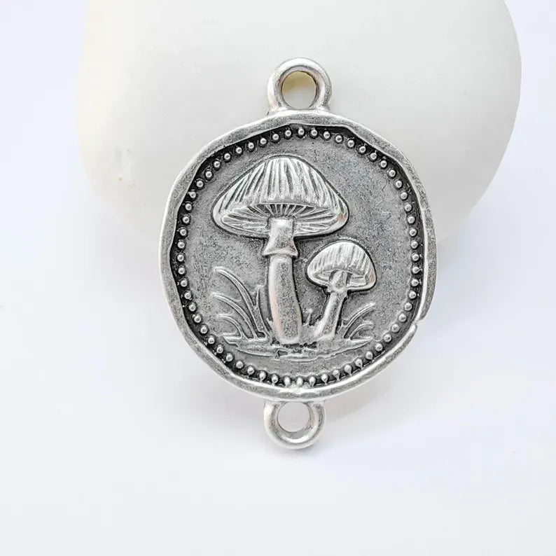 Mushroom Connector Charm, Botanical Nature Design, Antique Silver Plated, Round Shape, 34x24mm, G37781