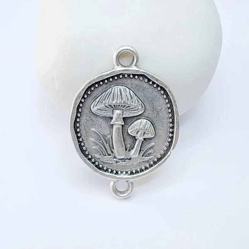 Mushroom Connector Charm, Botanical Nature Design, Antique Silver Plated, Round Shape, 34x24mm, G37781