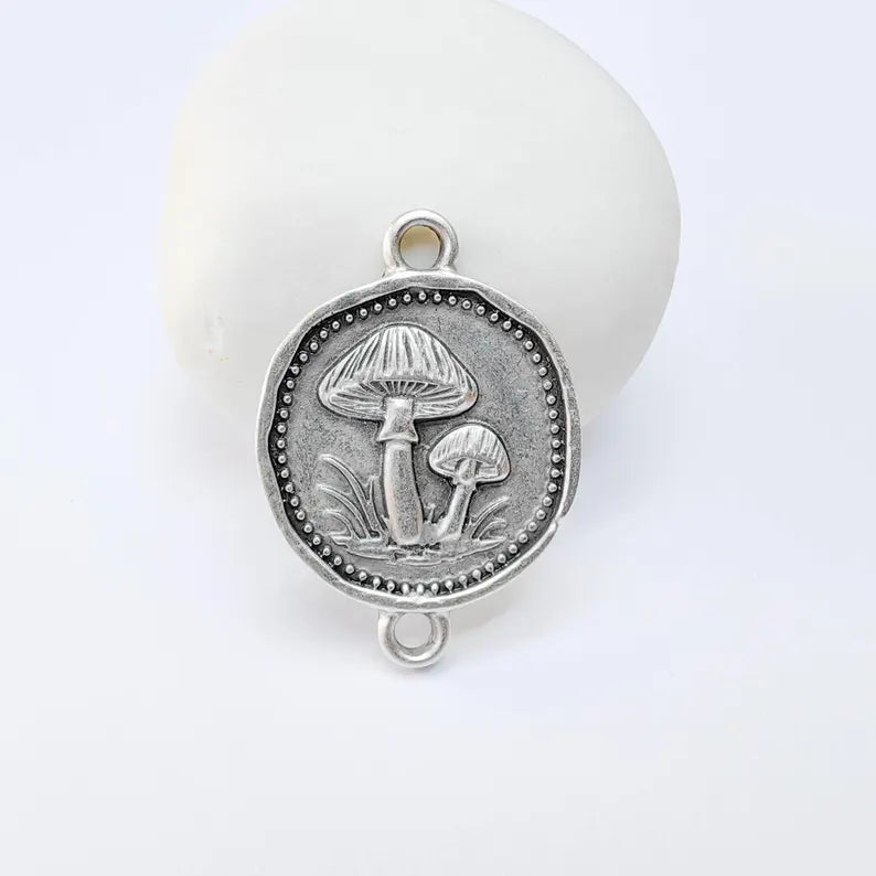 Mushroom Connector Charm, Botanical Nature Design, Antique Silver Plated, Round Shape, 34x24mm, G37781