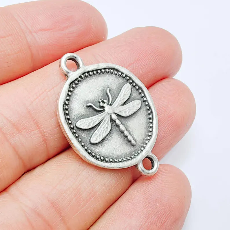 Dragonfly Charm Connector, Round Insect Motif Design, Antique Silver Plated, Double Loop, 34x24mm, G37783