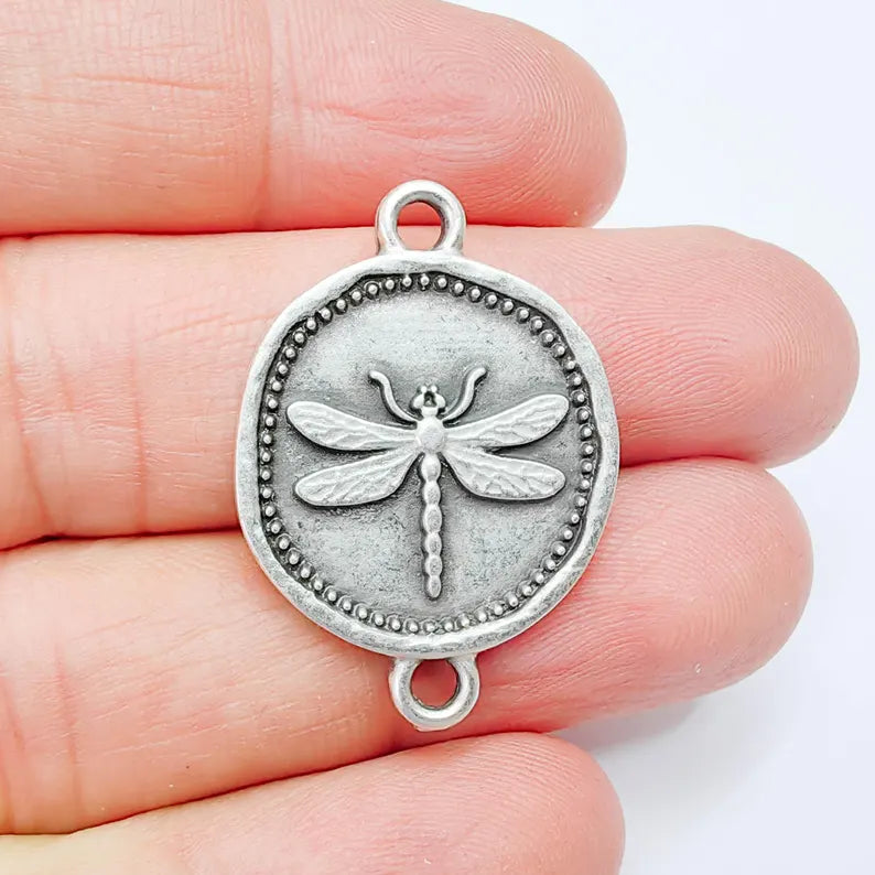Dragonfly Charm Connector, Round Insect Motif Design, Antique Silver Plated, Double Loop, 34x24mm, G37783