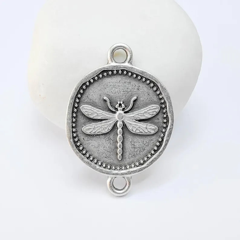 Dragonfly Charm Connector, Round Insect Motif Design, Antique Silver Plated, Double Loop, 34x24mm, G37783