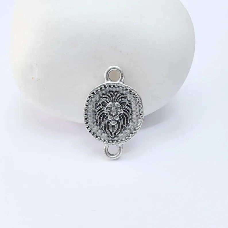 4 Lion Head Connector Charm, Animal Symbol Design, Oval Shape, Double Sided, 20x13mm, G37786