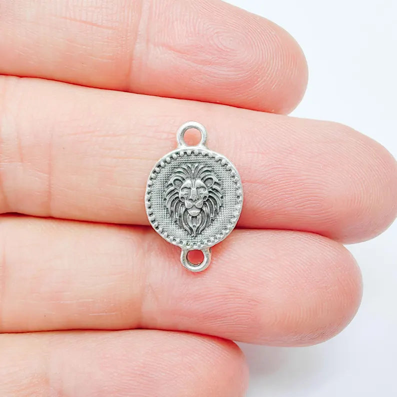 4 Lion Head Connector Charm, Animal Symbol Design, Oval Shape, Double Sided, 20x13mm, G37786