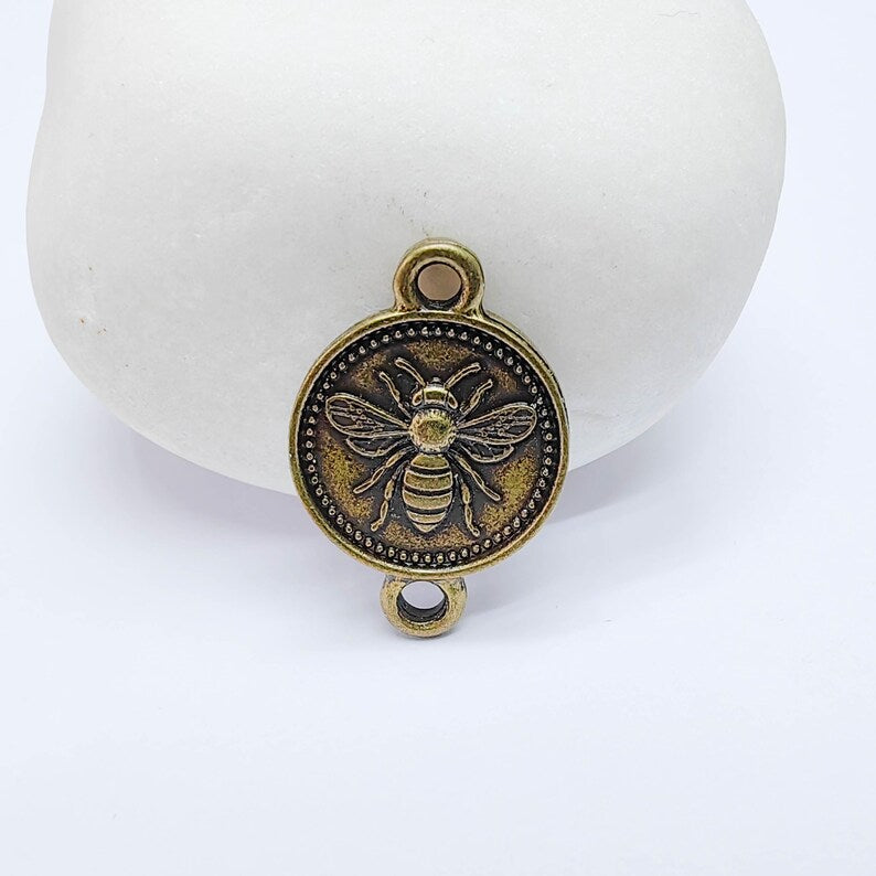 4 Bee Charm Double Sided Connector, Round Coin Design, Antique Bronze Plated 21x14mm, G37712