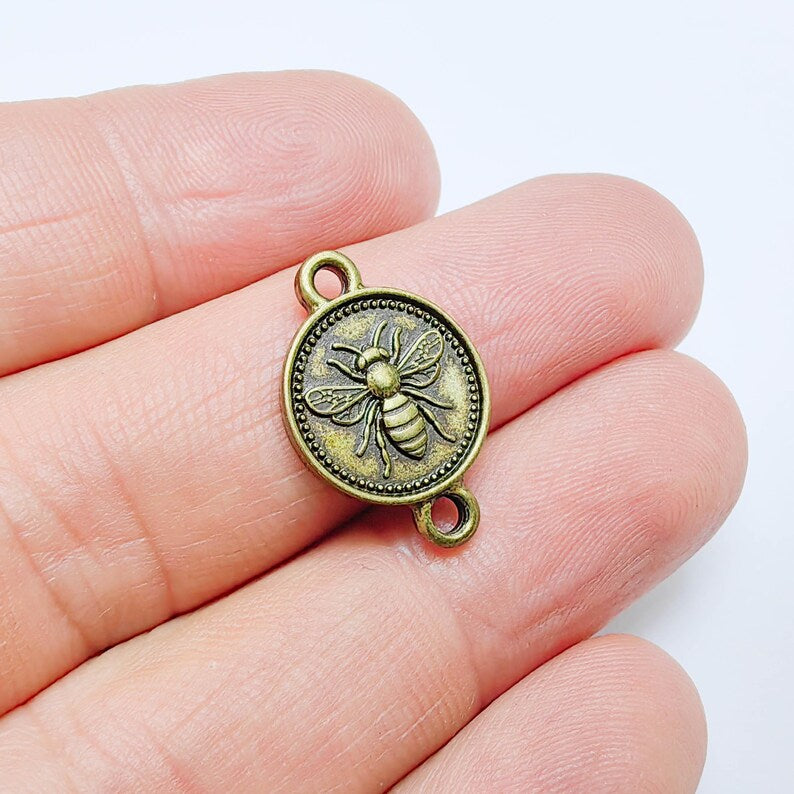 4 Bee Charm Double Sided Connector, Round Coin Design, Antique Bronze Plated 21x14mm, G37712