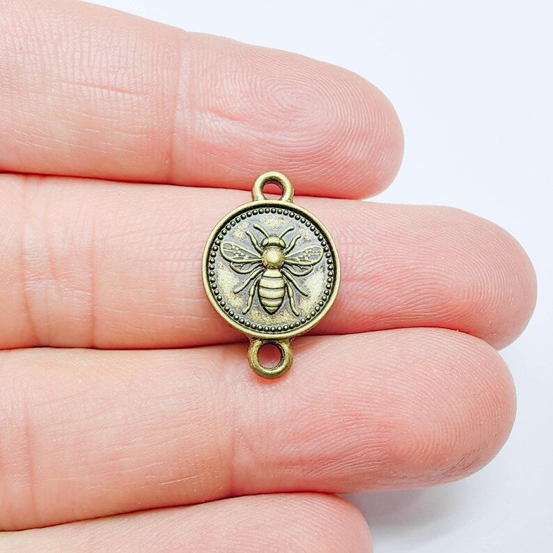 4 Bee Charm Double Sided Connector, Round Coin Design, Antique Bronze Plated 21x14mm, G37712
