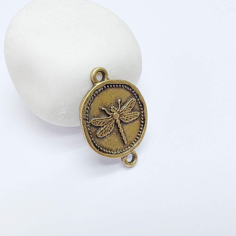 Dragonfly Charm Connector, Round Insect Motif Design, Antique Bronze Plated, Double Loop, 34x24mm, G37713