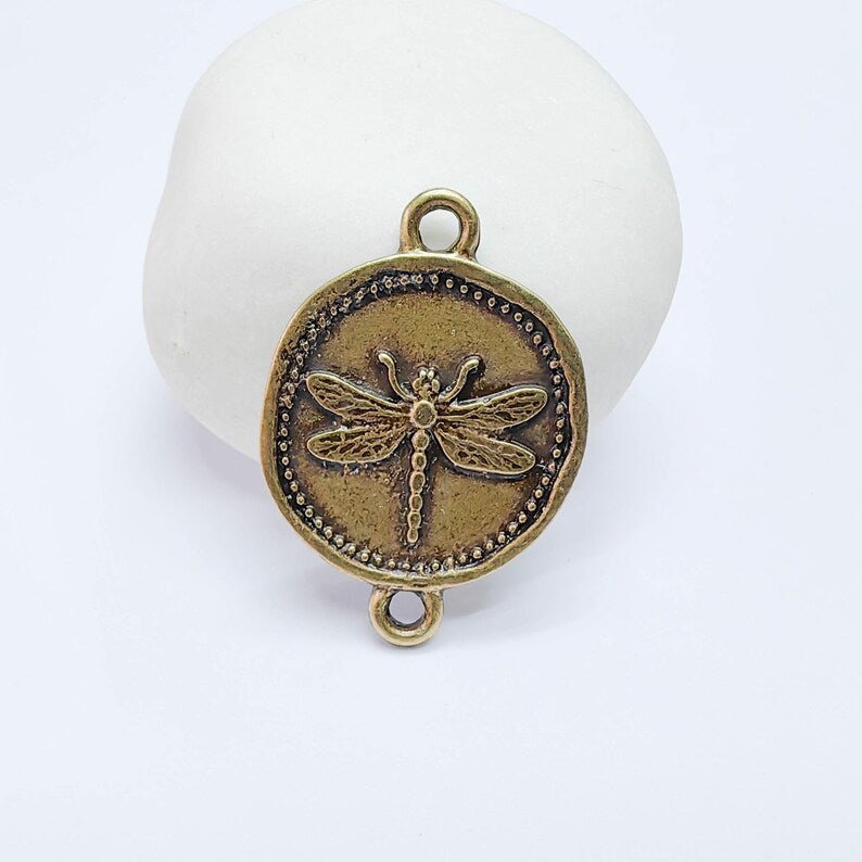 Dragonfly Charm Connector, Round Insect Motif Design, Antique Bronze Plated, Double Loop, 34x24mm, G37713