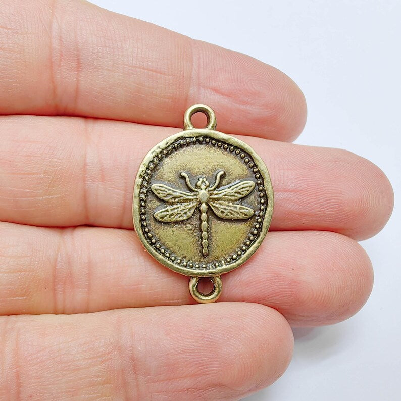 Dragonfly Charm Connector, Round Insect Motif Design, Antique Bronze Plated, Double Loop, 34x24mm, G37713