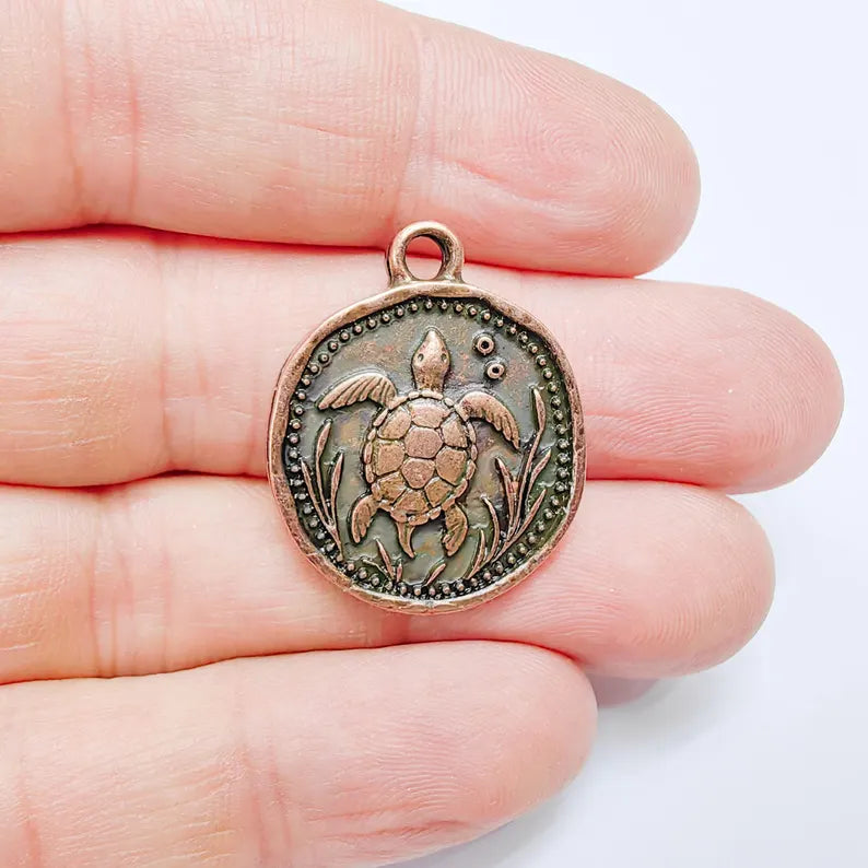 Sea Turtle Charm Pendant, Round Ocean Design, Antique Copper Color, 37x24mm, G37714