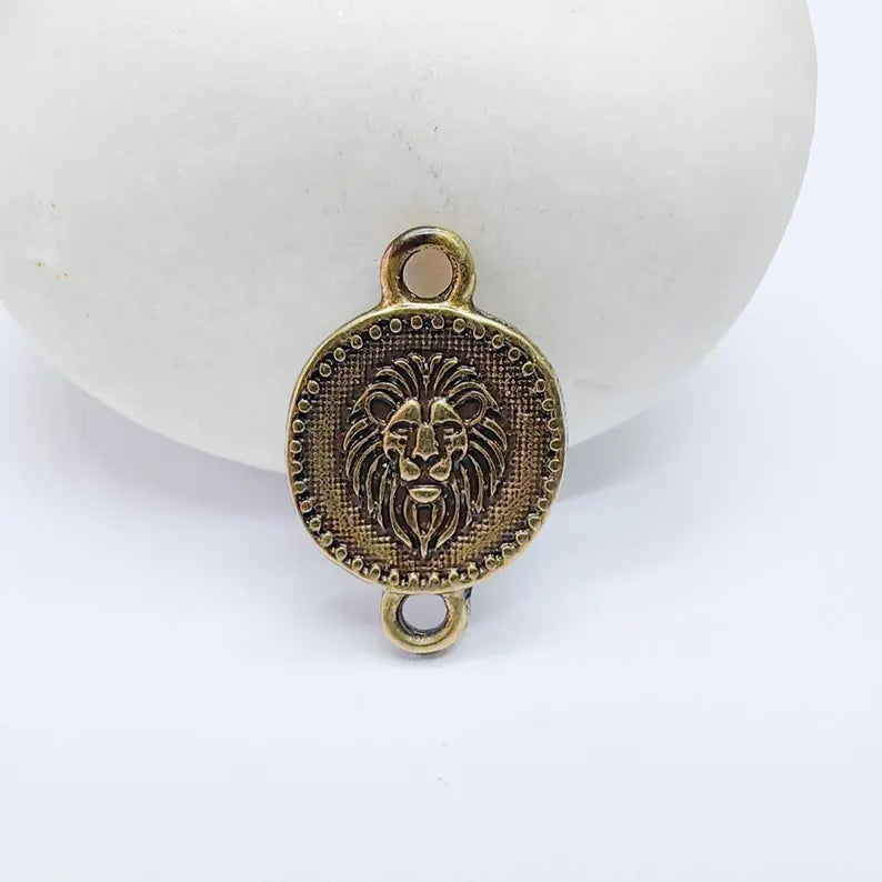 4 Lion Charm Double Sided Connector, Round Coin Design, Antique Bronze Plated, 20x13mm, G37717