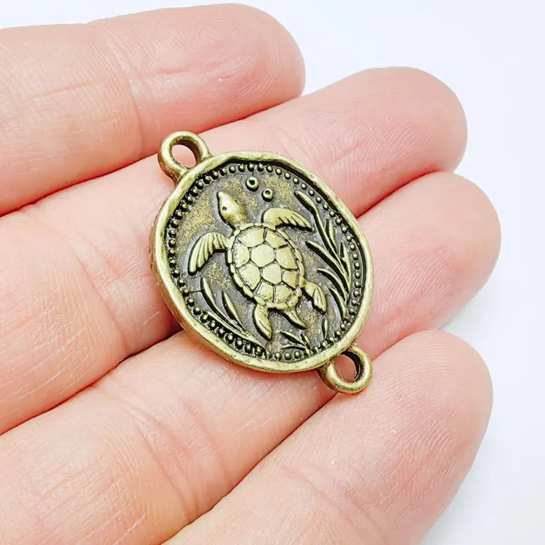 Sea Turtle Charm Connector, Round Ocean Animal Design, Antique Bronze Plated, 34x24mm, G37719