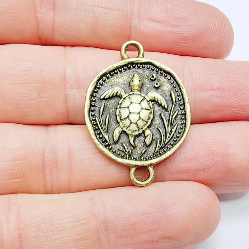 Sea Turtle Charm Connector, Round Ocean Animal Design, Antique Bronze Plated, 34x24mm, G37719