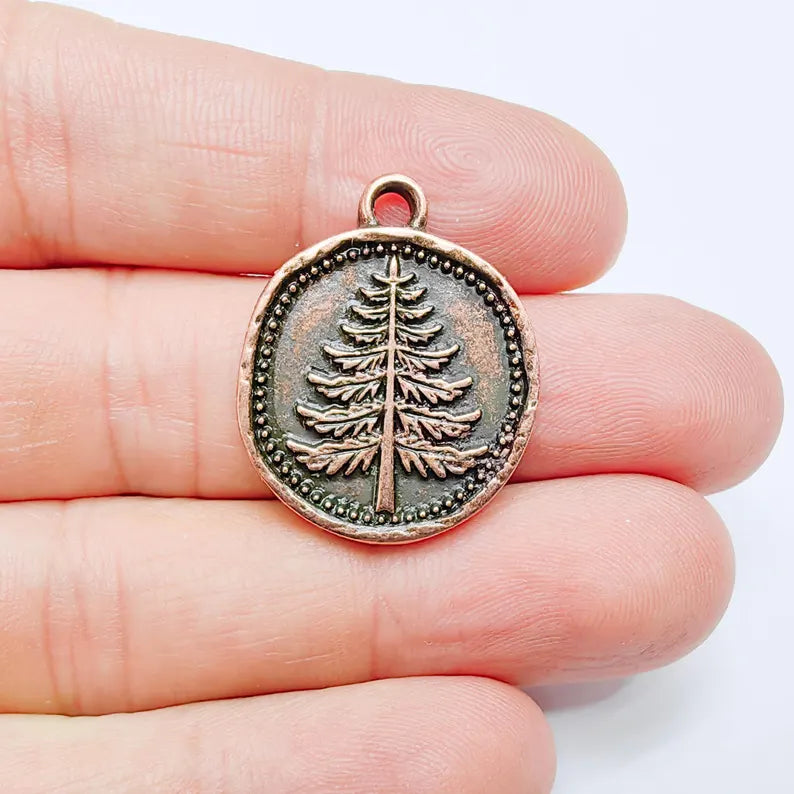 Pine Tree Charm Pendant, Round Forest Design, Antique Copper Color, 28x24mm, G37722