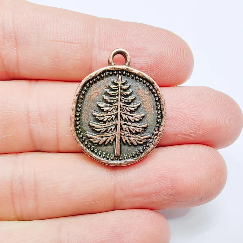 Pine Tree Charm Pendant, Round Forest Design, Antique Copper Color, 28x24mm, G37722