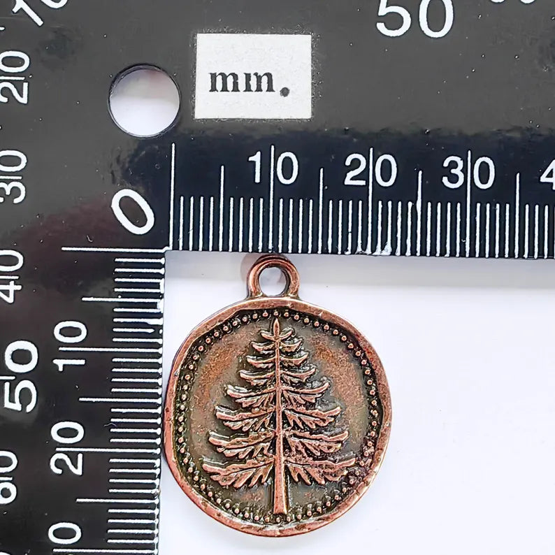 Pine Tree Charm Pendant, Round Forest Design, Antique Copper Color, 28x24mm, G37722