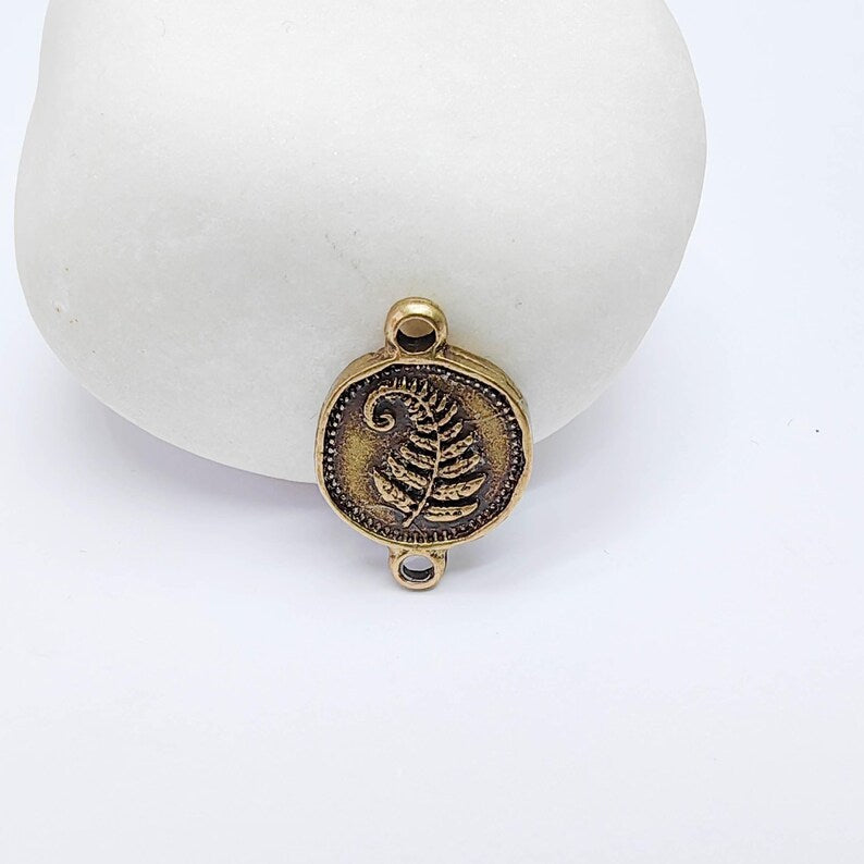 4 Fern Leaf Charm Double Sided Connector, Round Coin Design, Antique Bronze Plated, 19x13mm, G37723