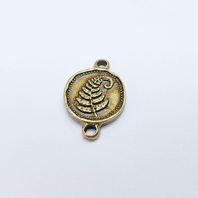 4 Fern Leaf Charm Double Sided Connector, Round Coin Design, Antique Bronze Plated, 19x13mm, G37723