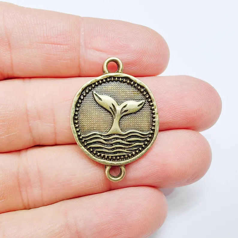 Whale Tail Charm Connector, Ocean Wave Symbol Design, Antique Bronze Plated 37x24mm, G37725