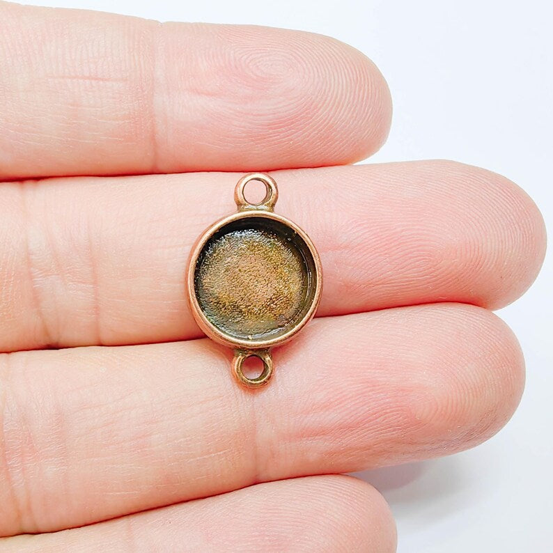 2 Round Bezel Connector, Double Loop Cabochon Blank, Resin Bases, Mosaic Mountings, Polymer Clay Setting, Antique Copper Plated (12mm) G37726