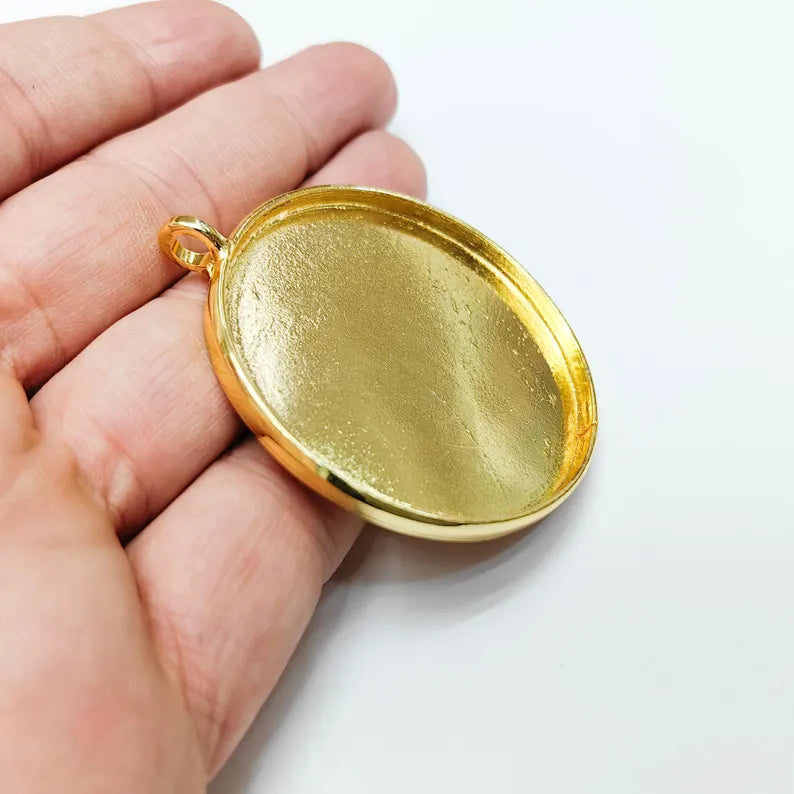 Large Oval Bezel Pendant Blank, Deep Setting Jewelry Base, 24k Gold Color, 50mm Bezel, G37727