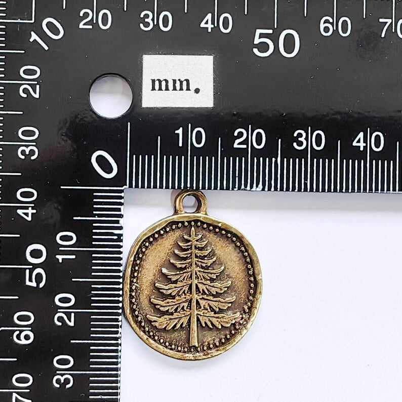 Pine Tree Charm Pendant, Round Forest Design, Antique Bronze Plated, 28x24mm, G37728