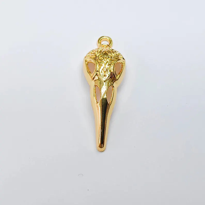 Raven Skull Charm, Ornate Bird Skull Design, 24k Gold Color, Jewelry Finding, 35x12mm, G37729