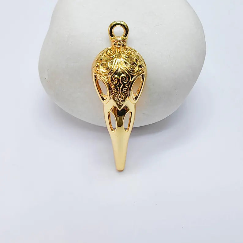 Raven Skull Charm, Ornate Bird Skull Design, 24k Gold Color, Jewelry Finding, 35x12mm, G37729