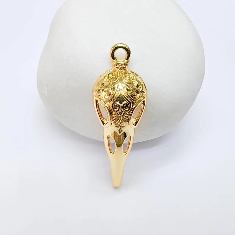 Raven Skull Charm, Ornate Bird Skull Design, 24k Gold Color, Jewelry Finding, 35x12mm, G37729